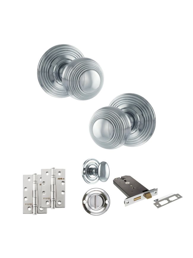 Old English Ripon Door Knob Pack (Lock Set - Horizontal Bathlock, 4" Slim Knuckle Hinges x2) - Polished Chrome