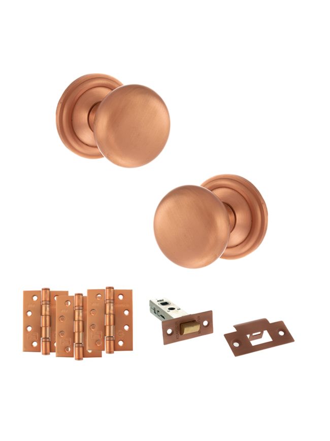 Old English Harrogate Door Knob Pack (Latch Set - 4" HD Latch, 4" Fire Rated Hinges x3) - Urban Satin Copper