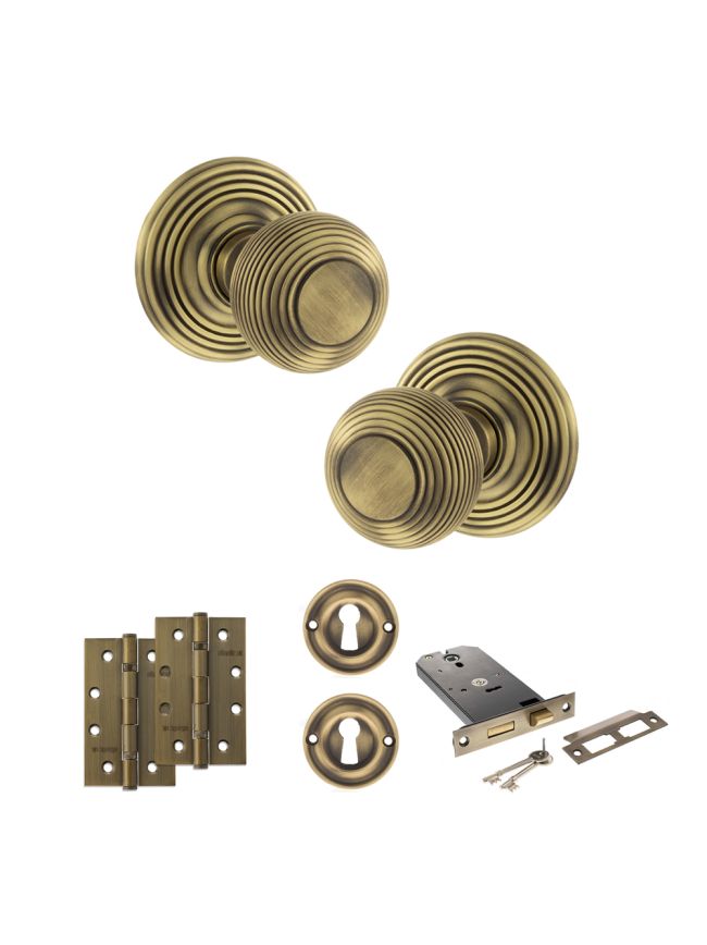 Old English Ripon Door Knob Pack (Lock Set - Horizontal Sashlock, 4" Slim Knuckle Hinges x2) - Matt Antique Brass