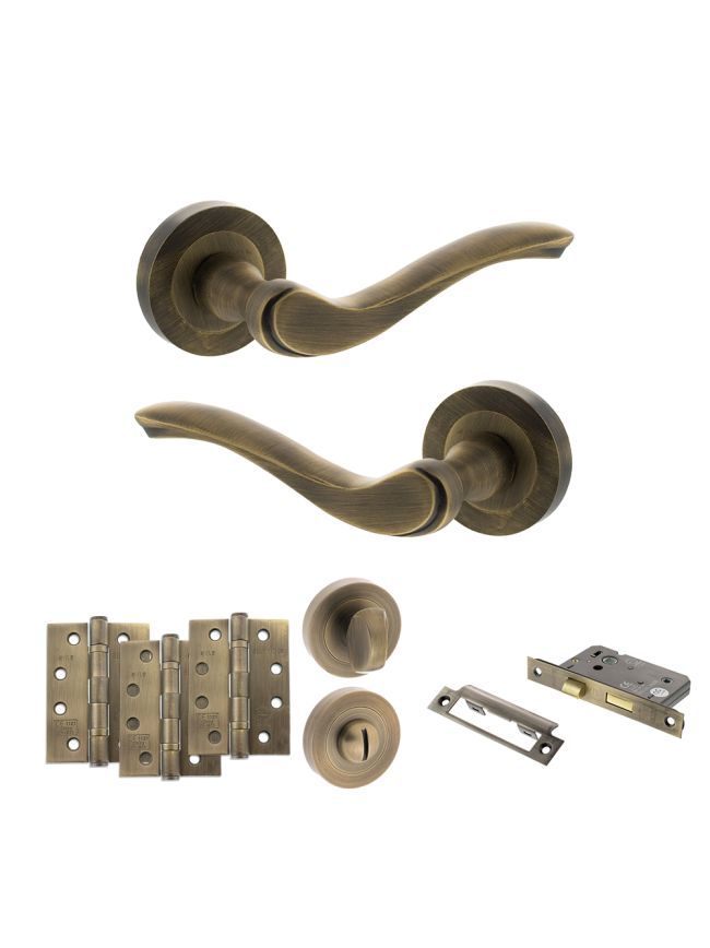 Old English Warwick Door Handle Pack (Bathroom Set - 3" CE Bathroom Lock, 4" Fire Rated Hinges x3) - Matt Antique Brass