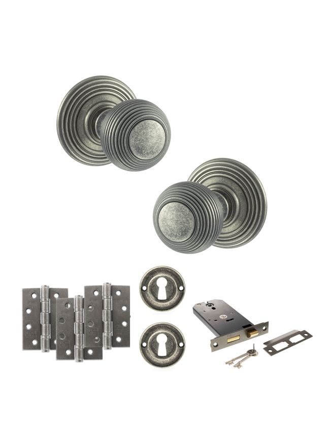 Old English Ripon Door Knob Pack (Lock Set - Horizontal Sashlock, 3" Fire Rated Hinges x3) - Distressed Silver