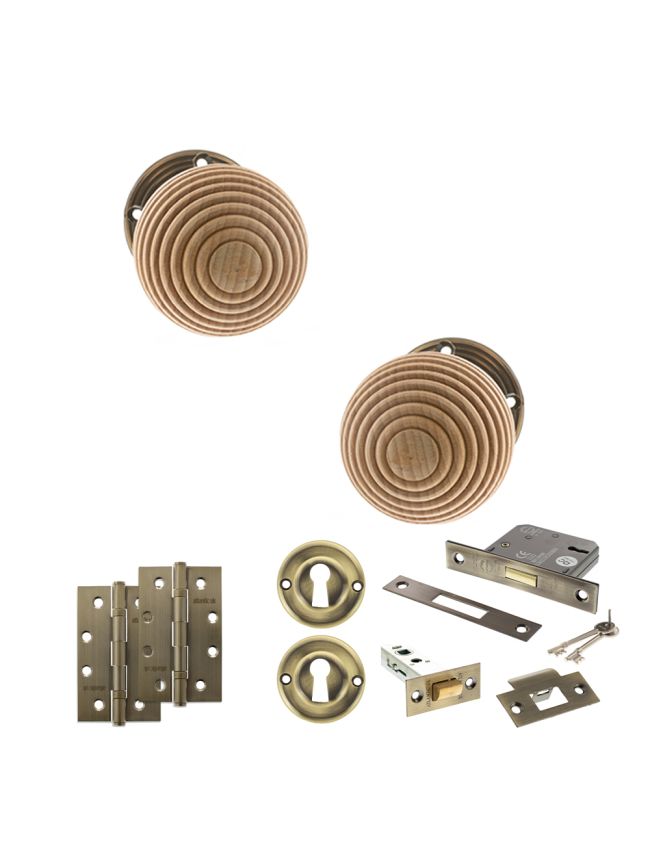 Old English Bridlington Door Knob Pack (Lock Set - 3" Latch & Deadlock, 4" Slim Knuckle Hinges x2) - Antique Brass