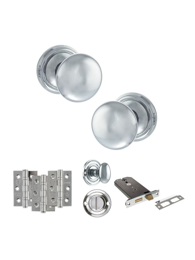 Old English Harrogate Door Knob Pack (Lock Set - Horizontal Bathlock, 3" Fire Rated Hinges x3) - Polished Chrome