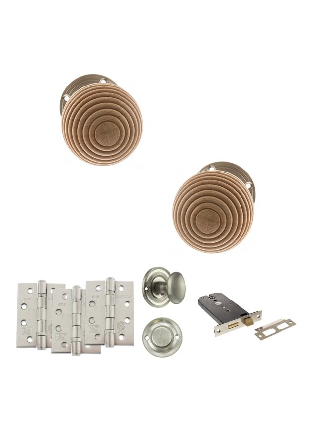 Old English Bridlington Door Knob Pack (Lock Set - Horizontal Bathlock, 4" Fire Rated Hinges x3) - Satin Nickel