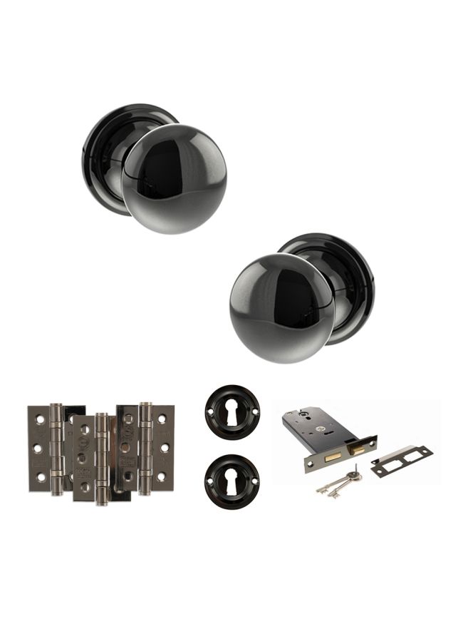 Old English Harrogate Door Knob Pack (Lock Set - Horizontal Sashlock, 3" Fire Rated Hinges x3) - Black Nickel