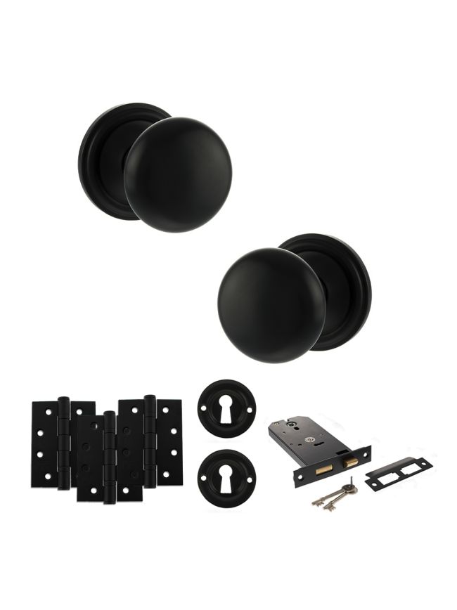 Old English Harrogate Door Knob Pack (Lock Set - Horizontal Sashlock, 4" Fire Rated Hinges x3) - Matt Black