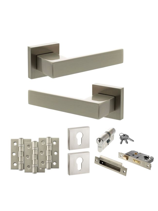 Senza Pari Panetti Door Handle Pack (Euro Lock Set - 3" CE Sashlock, 3" Fire Rated Hinges x3) - Satin Nickel
