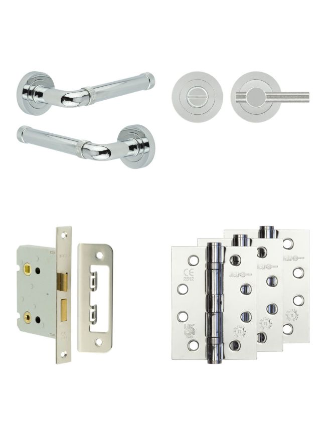 Complete Midtown Door Handle Pack - Bathroom Lock (Knurled Thumb Turn) - Polished Chrome - 76mm / 4-inch Hinges - JE-G6A1-PC