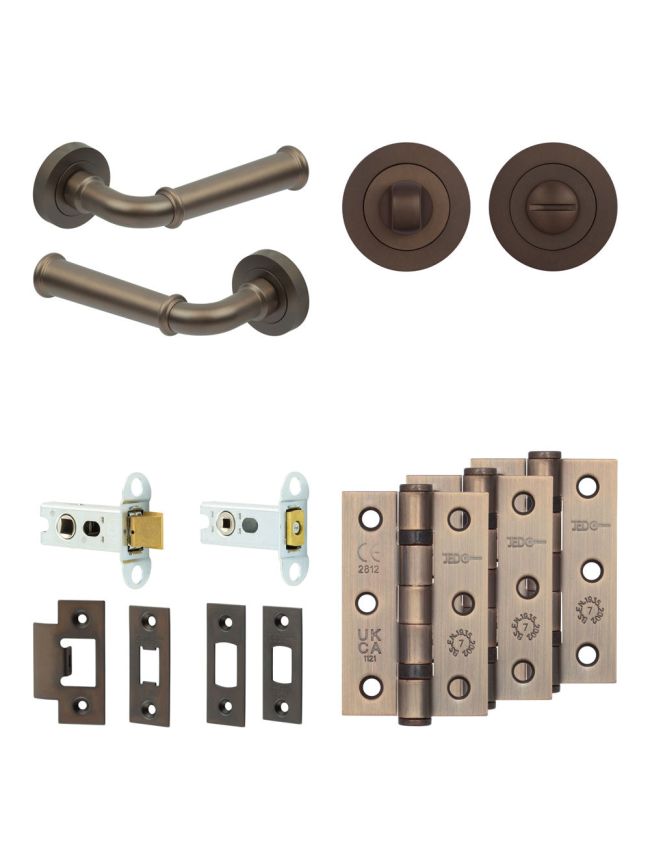 Complete Classic Door Handle Pack - Heavy Duty Tubular Bathroom (Standard Thumb Turn) - Dark Bronze - 64mm / 3-inch Hinges - JE-A30B3-DB