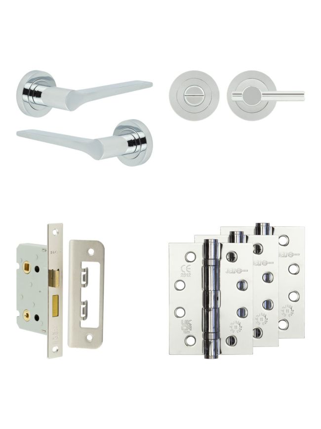 Complete Gio Door Handle Pack - Bathroom Lock (Plain Thumb Turn) - Polished Chrome - 65mm / 4-inch Hinges - JE-E5A2-PC
