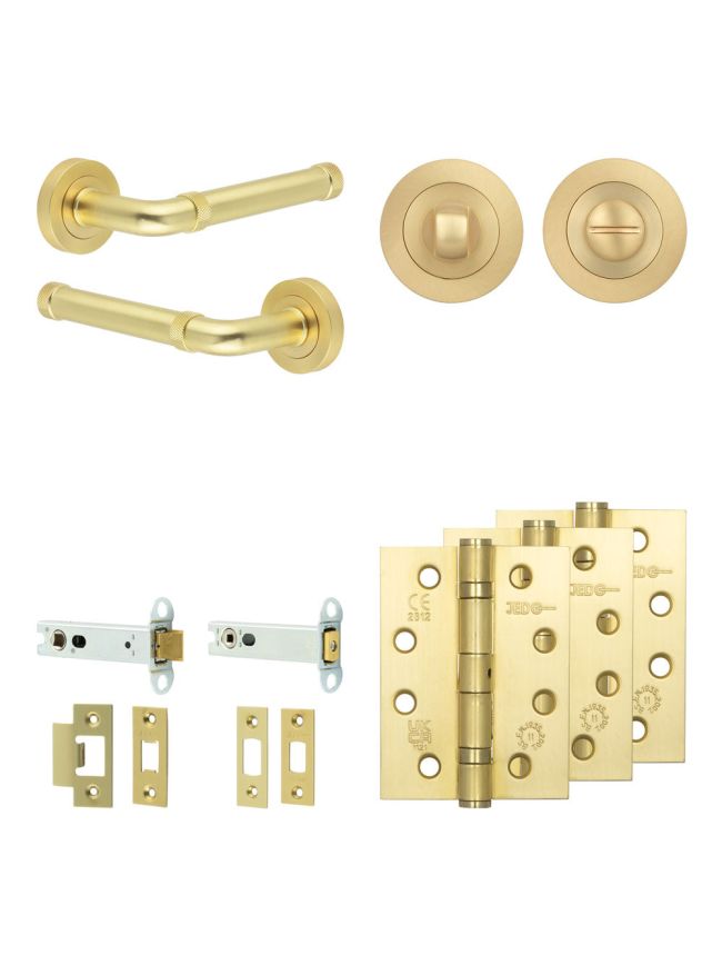 Complete Midtown Door Handle Pack - Heavy Duty Tubular Bathroom (Standard Thumb Turn) - Satin Brass - 102mm / 4-inch Hinges - JE-G32A3-SB