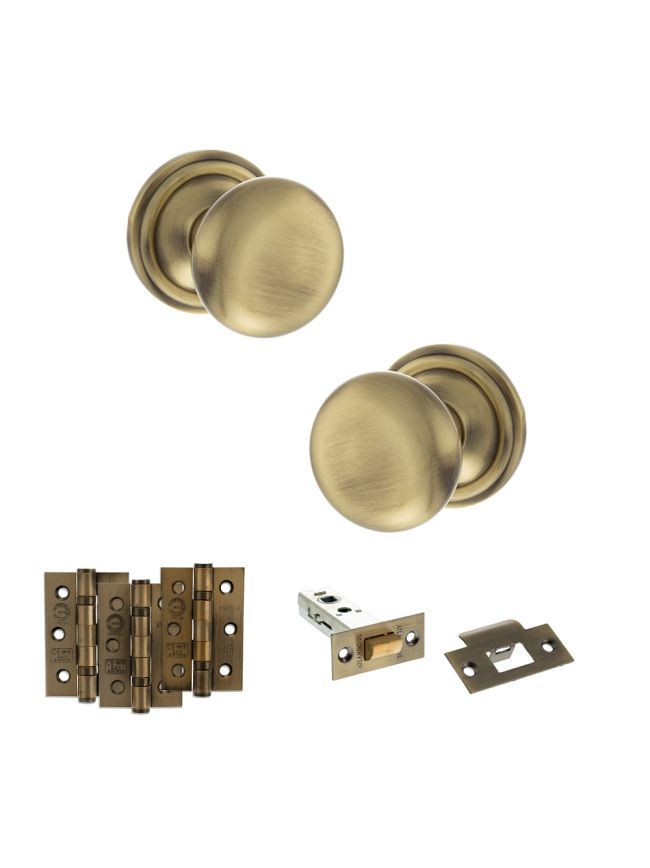 Old English Harrogate Door Knob Pack (Latch Set - 3" HD Latch, 3" Fire Rated Hinges x3) - Antique Brass
