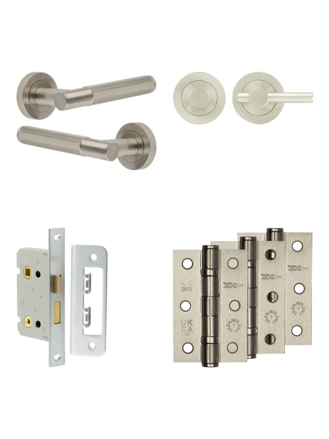 Complete Bari Door Handle Pack - Bathroom Lock (Plain Thumb Turn) - Satin Nickel - 65mm / 3-inch Hinges - JE-D5B2-SN