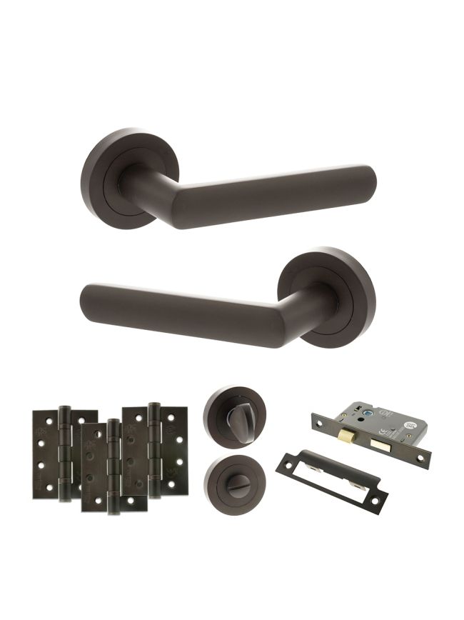 STATUS Carolina Door Handle Pack (Bathroom Set - 3" CE Bathroom Lock, 4" Fire Rated Hinges x3) - Urban Dark Bronze
