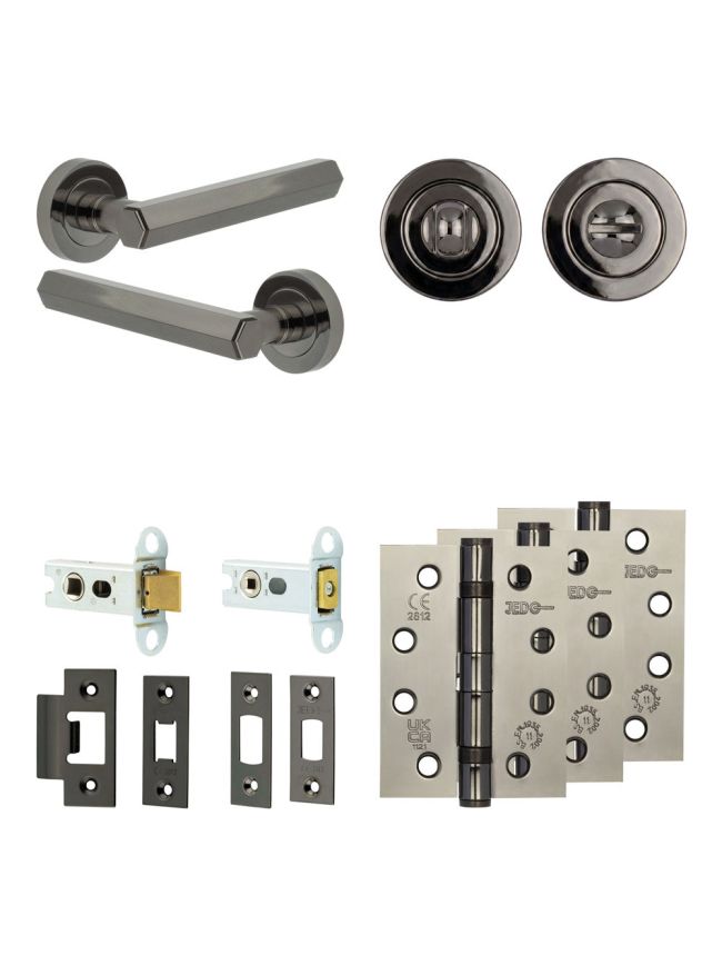 Complete Hex Door Handle Pack - Heavy Duty Tubular Bathroom (Standard Thumb Turn) - Black Nickel - 64mm / 4-inch Hinges - JE-C30A3-BN