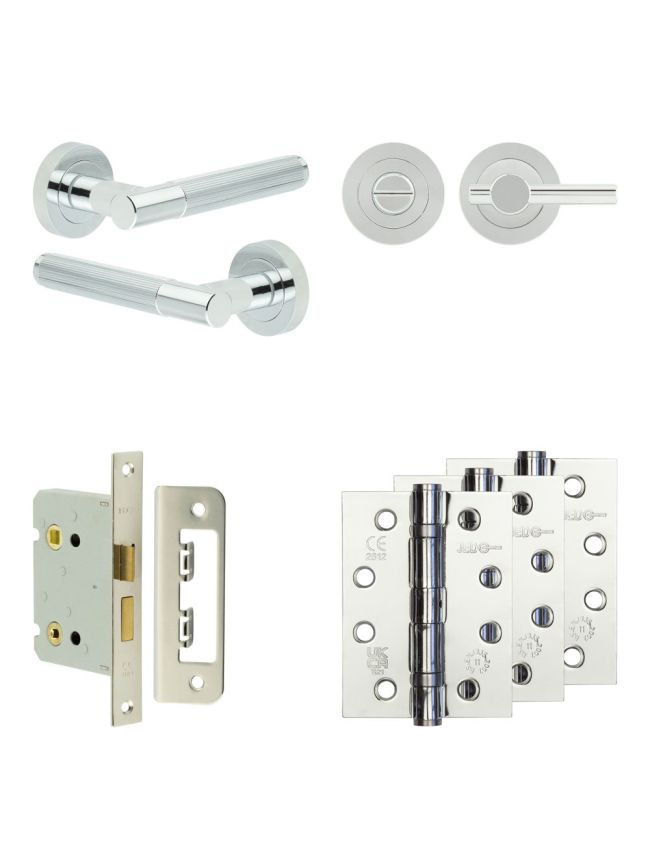 Complete Venice Door Handle Pack - Bathroom Lock (Plain Thumb Turn) - Polished Chrome - 76mm / 4-inch Hinges - JE-F6A2-PC