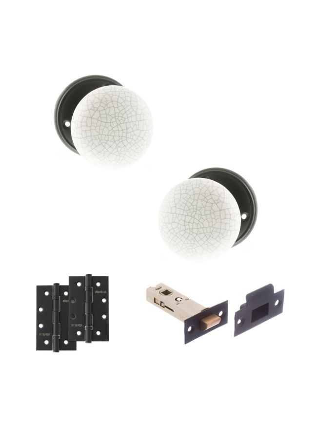 Old English Skipton Door Knob Pack (Latch Set - 3" HD Latch, 4" Slim Knuckle Hinges x2) - Matt Black