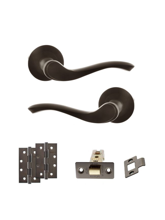 Old English Warwick Door Handle Pack (Latch Set - 2.5" CE Latch, 4" Slim Knuckle Hinges x2) - Urban Dark Bronze