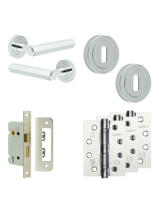 Complete Hex Door Handle Pack - Sashlock - Polished Chrome - 65mm / 4-inch Hinges - JE-C7A8-PC