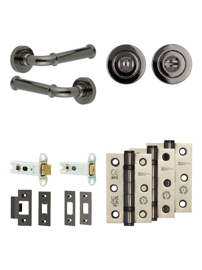 Complete Classic Door Handle Pack - Heavy Duty Tubular Bathroom (Standard Thumb Turn) - Black Nickel - 76mm / 3-inch Hinges - JE-A31B3-BN