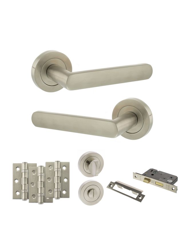 STATUS Carolina Door Handle Pack (Bathroom Set - 3" CE Bathroom Lock, 3" Fire Rated Hinges x3) - Satin Nickel