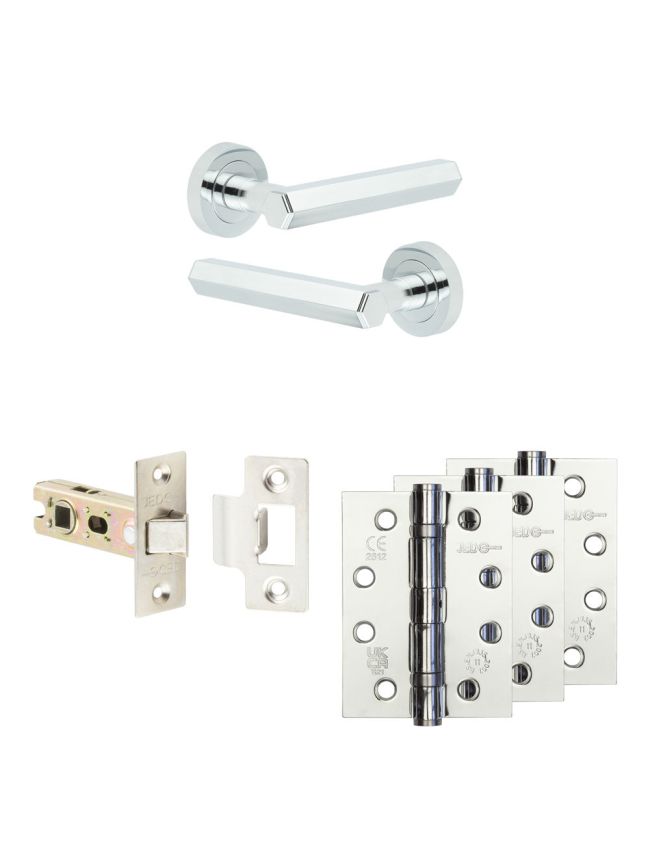 Complete Hex Door Handle Pack - Internal Doors - Polished Chrome - 64mm / 4-inch Hinges - JE-C1A-PC
