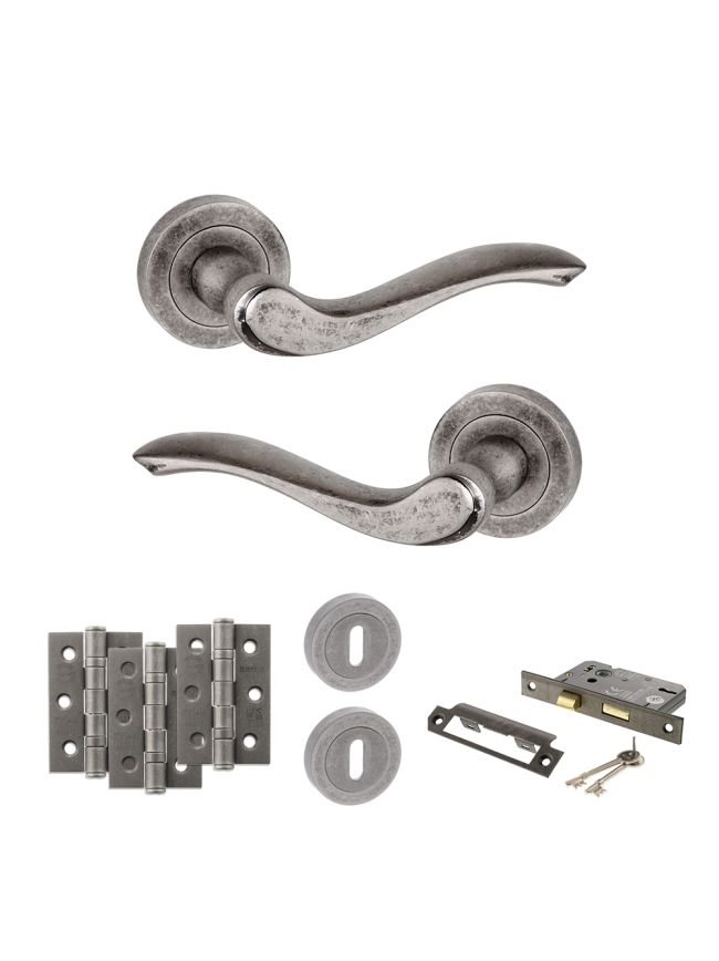 Old English Warwick Door Handle Pack (3 Lever Lock Set - 3" CE Sashlock, 3" Fire Rated Hinges x3) - Distressed Silver