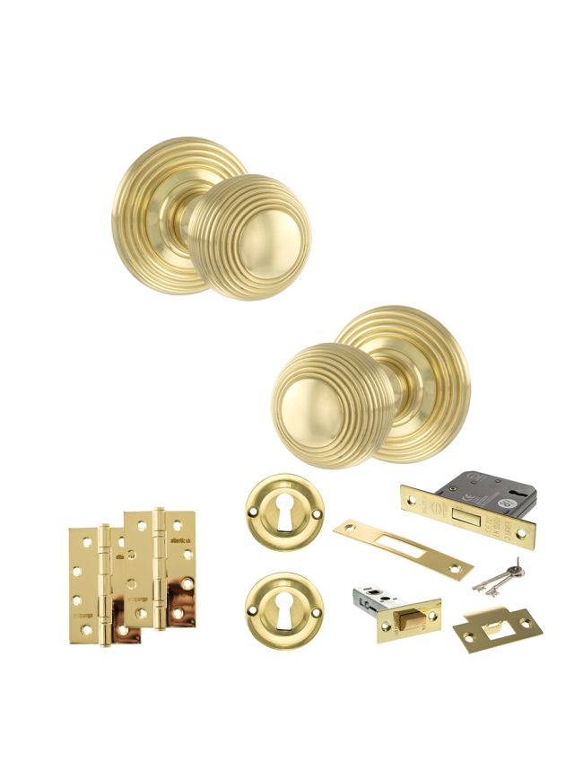 Old English Ripon Door Knob Pack (Lock Set - 3" Latch & Deadlock, 4" Slim Knuckle Hinges x2) - Polished Brass