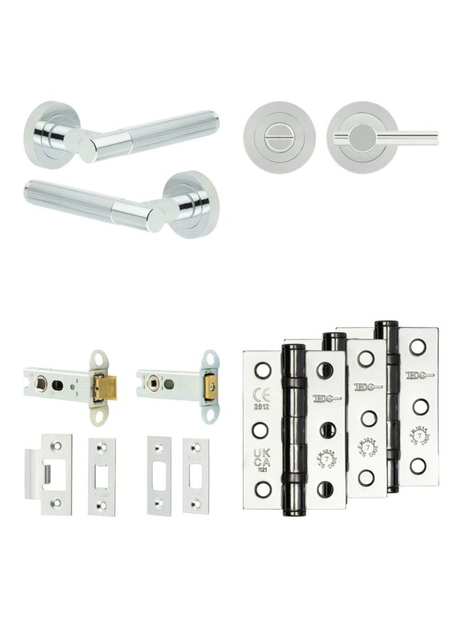 Complete Venice Door Handle Pack - Heavy Duty Tubular Bathroom (Plain Thumb Turn) - Polished Chrome - 76mm / 3-inch Hinges - JE-F31B2-PC