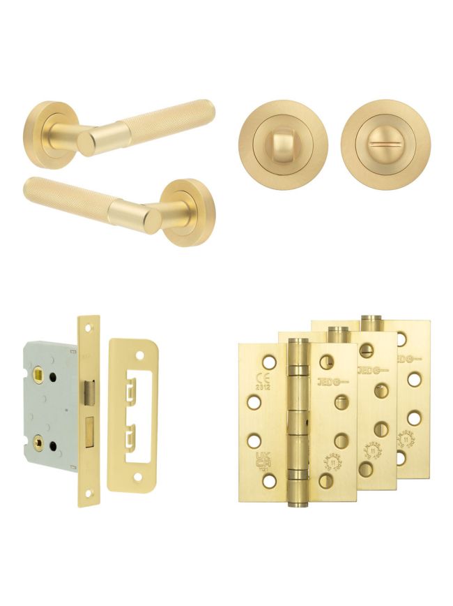 Complete Bari Door Handle Pack - Bathroom Lock (Standard Thumb Turn) - Satin Brass - 76mm / 4-inch Hinges - JE-D6A3-SB