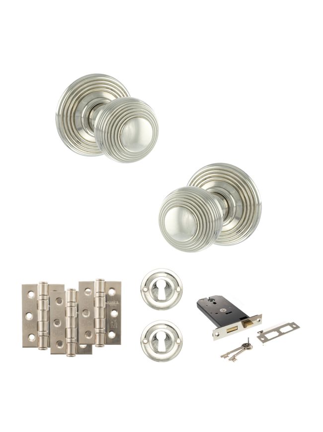 Old English Ripon Door Knob Pack (Lock Set - Horizontal Sashlock, 3" Fire Rated Hinges x3) - Polished Nickel