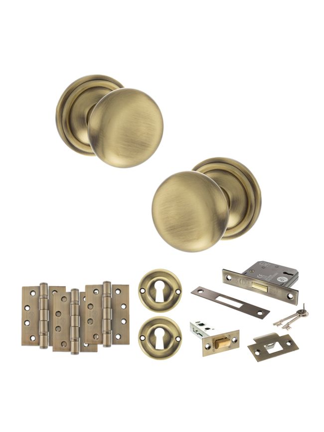 Old English Harrogate Door Knob Pack (Lock Set - 3" Latch & Deadlock, 4" Fire Rated Hinges x3) - Antique Brass