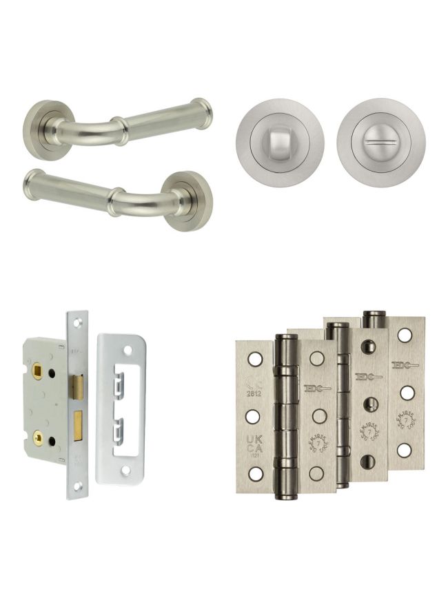 Complete Classic Door Handle Pack - Bathroom Lock (Standard Thumb Turn) - Satin Nickel - 65mm / 3-inch Hinges - JE-A5B3-SN