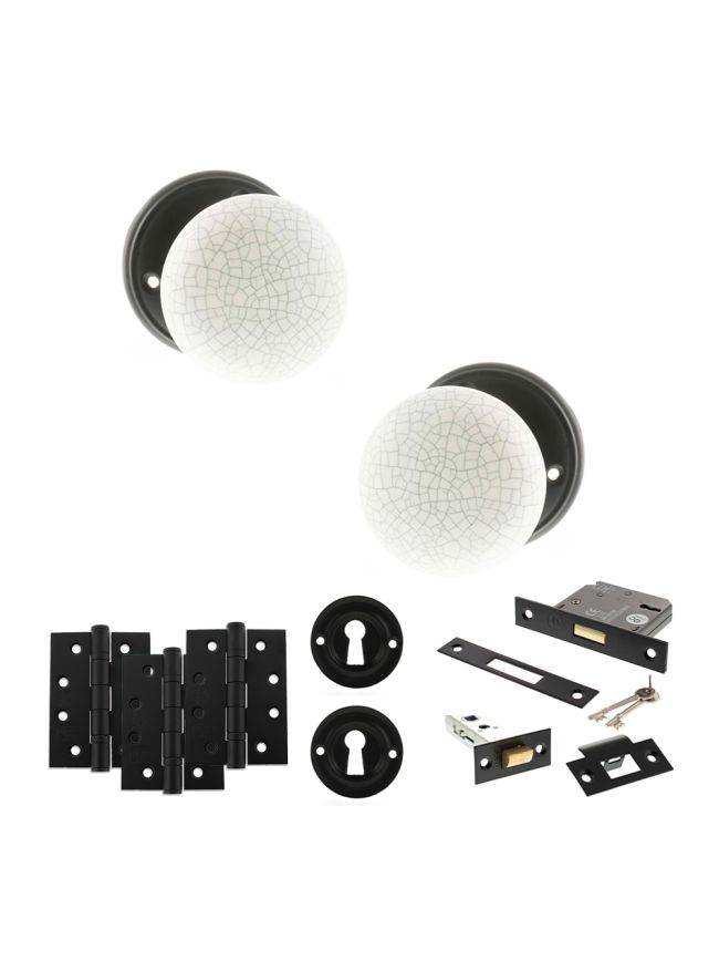 Old English Skipton Door Knob Pack (Lock Set - 3" Latch & Deadlock, 4" Fire Rated Hinges x3) - Matt Black