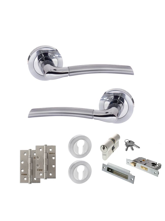 STATUS Indiana Door Handle Pack (Euro Lock Set - 3" CE Sashlock, 4" Slim Knuckle Hinges x2) - Satin Chrome/Polished Chrome