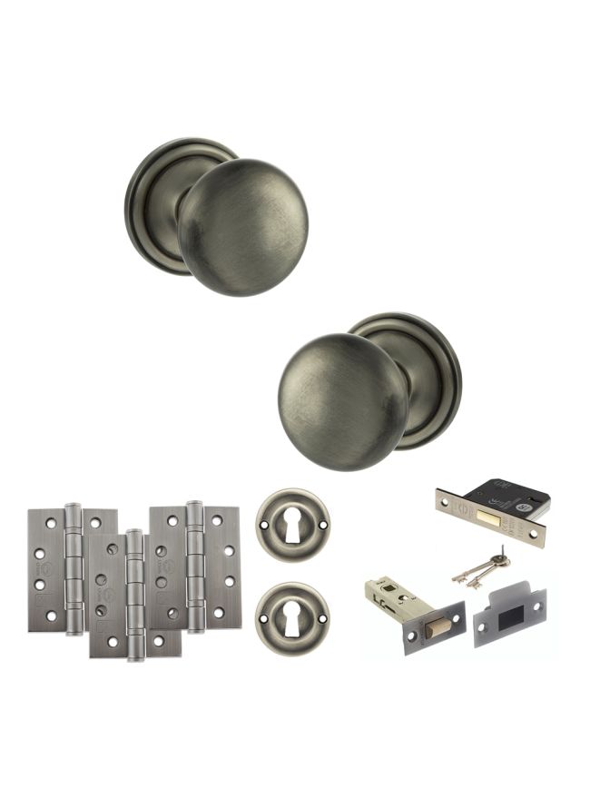 Old English Harrogate Door Knob Pack (Lock Set - 3" Latch & Deadlock, 4" Fire Rated Hinges x3) - Matt Gun Metal