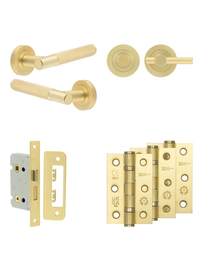Complete Bari Door Handle Pack - Bathroom Lock (Knurled Thumb Turn) - Satin Brass - 65mm / 3-inch Hinges - JE-D5B1-SB