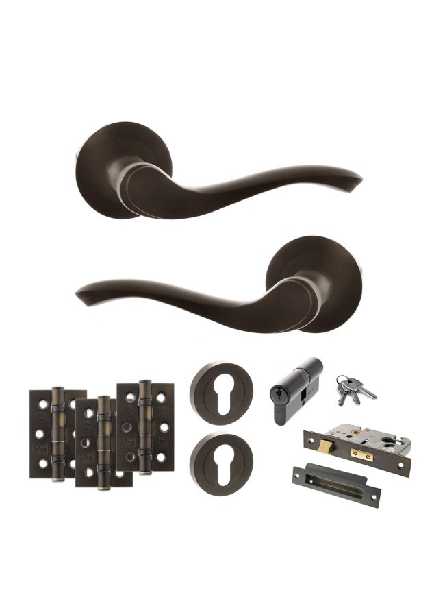 Old English Warwick Door Handle Pack (Euro Lock Set - 2.5" CE Sashlock, 3" Fire Rated Hinges x3) - Urban Dark Bronze