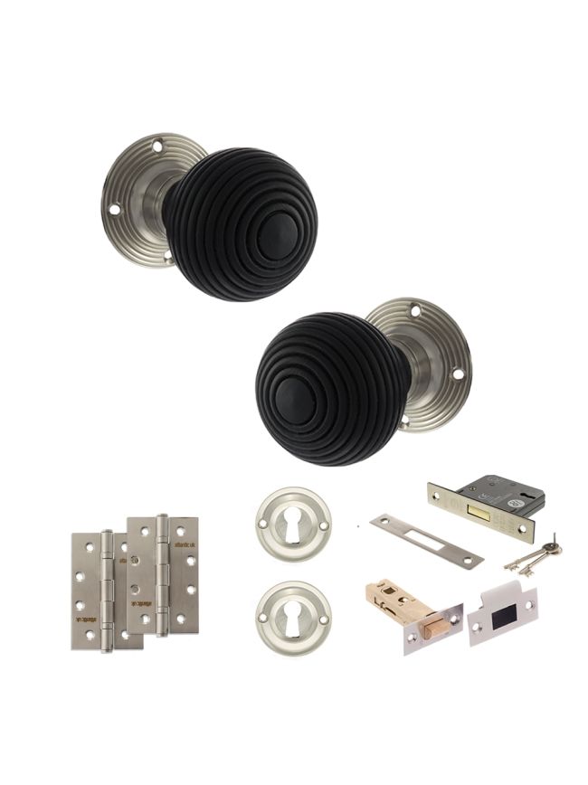 Old English Whitby Door Knob Pack (Lock Set - 3" Latch & Deadlock, 4" Slim Knuckle Hinges x2) - Satin Nickel