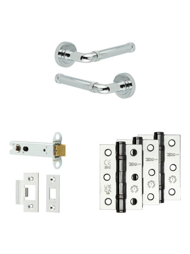 Complete Midtown Door Handle Pack - Heavy Duty Latch - Polished Chrome - 102mm / 3-inch Hinges - JE-G22B-PC