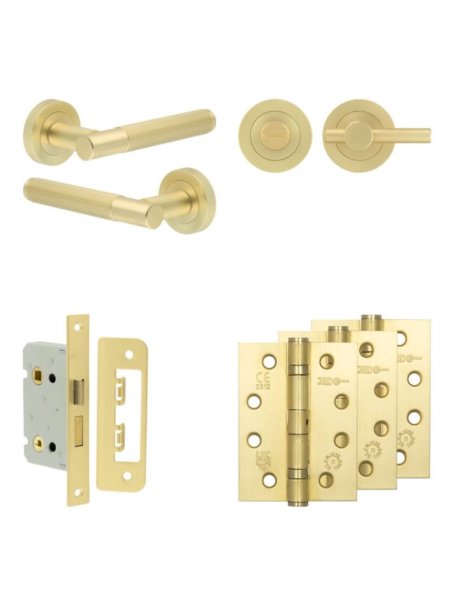 Complete Venice Door Handle Pack - Bathroom Lock (Plain Thumb Turn) - Satin Brass - 65mm / 4-inch Hinges - JE-F5A2-SB