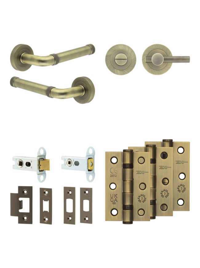 Complete Midtown Door Handle Pack - Heavy Duty Tubular Bathroom (Knurled Thumb Turn) - Antique Brass - 64mm / 3-inch Hinges - JE-G30B1-AB