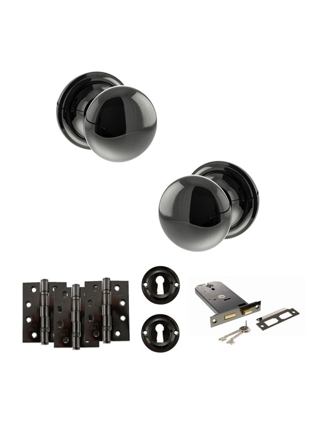 Old English Harrogate Door Knob Pack (Lock Set - Horizontal Sashlock, 4" Fire Rated Hinges x3) - Black Nickel