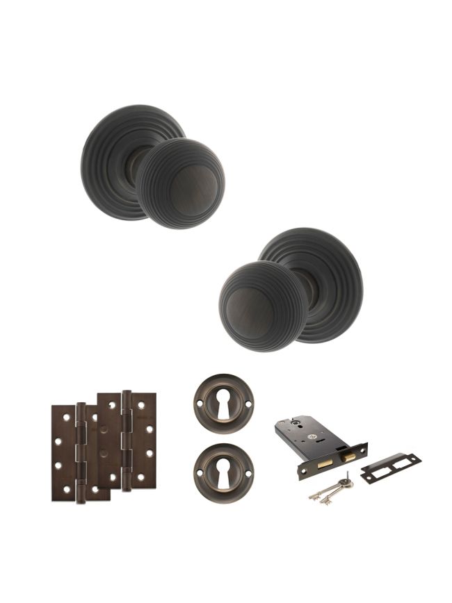 Old English Ripon Door Knob Pack (Lock Set - Horizontal Sashlock, 4" Slim Knuckle Hinges x2) - Urban Dark Bronze