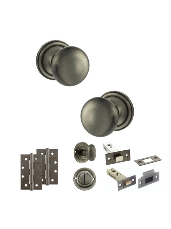 Old English Harrogate Door Knob Pack (Bathroom Set - 4" Deadbolt, 4" Slim Knuckle Hinges x2) - Matt Gun Metal