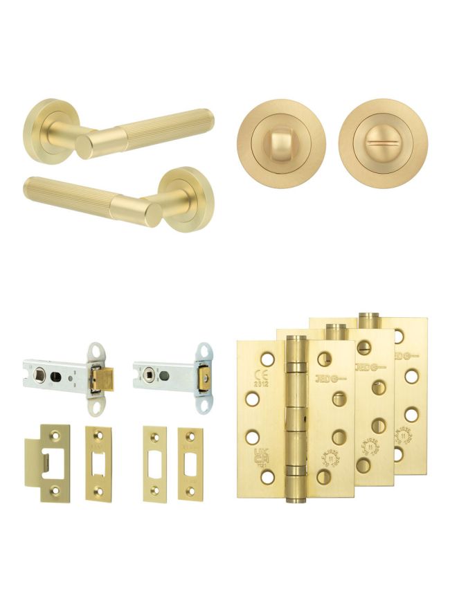 Complete Venice Door Handle Pack - Heavy Duty Tubular Bathroom (Standard Thumb Turn) - Satin Brass - 76mm / 4-inch Hinges - JE-F31A3-SB