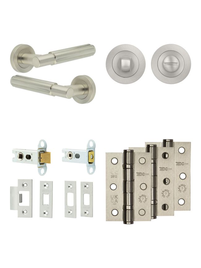Complete Bloom Door Handle Pack - Heavy Duty Tubular Bathroom (Standard Thumb Turn) - Satin Nickel - 64mm / 3-inch Hinges - JE-B30B3-SN