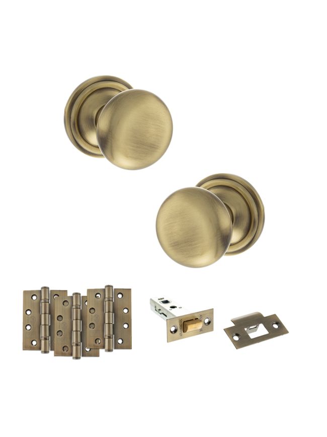 Old English Harrogate Door Knob Pack (Latch Set - 3" HD Latch, 4" Fire Rated Hinges x3) - Antique Brass