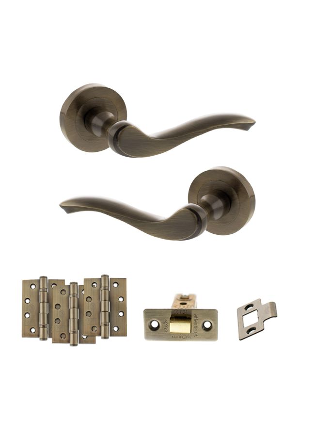 Old English Warwick Door Handle Pack (Latch Set - 2.5" CE Latch, 4" Fire Rated Hinges x3) - Antique Brass