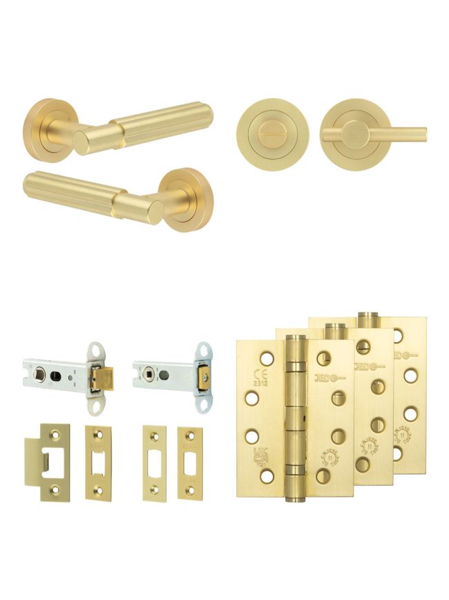 Complete Bloom Door Handle Pack - Heavy Duty Tubular Bathroom (Plain Thumb Turn) - Satin Brass - 76mm / 4-inch Hinges - JE-B31A2-SB